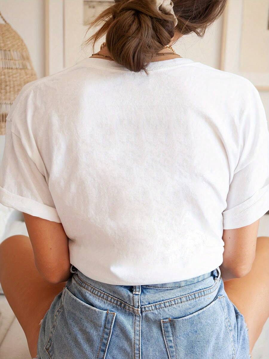 Flower Gradient Sea Turtle Fashion Letter Print T-Shirt, Short Sleeve Crew Neck Casual Top For Summer & Spring, Women's Clothing