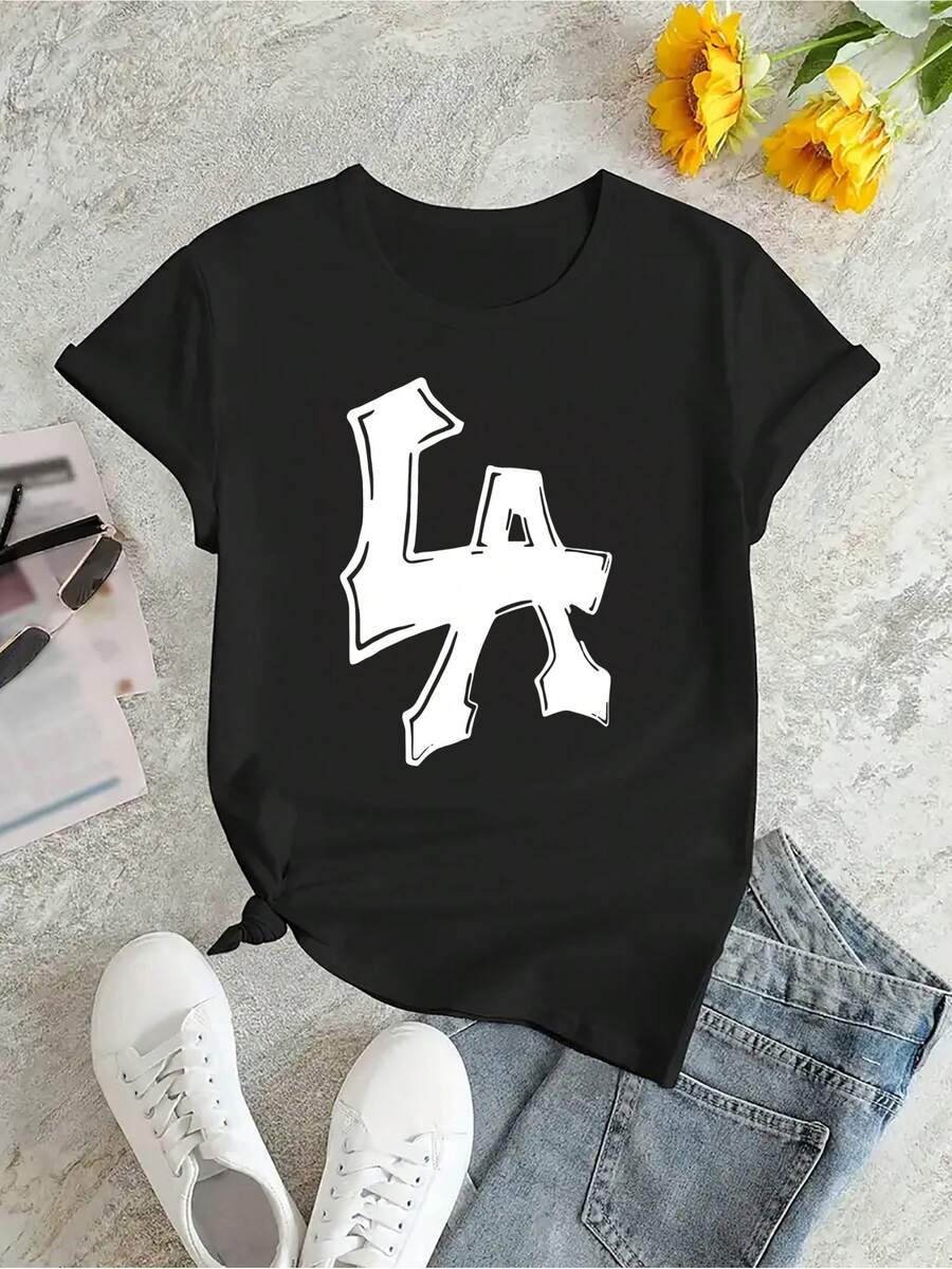 Women's Casual Sports T-Shirt, Round Neck, Short Sleeve, Fun Creative Letter Print, Comfortable Summer Top, Knitted Fabric, Polyester, All Seasons, Black/White