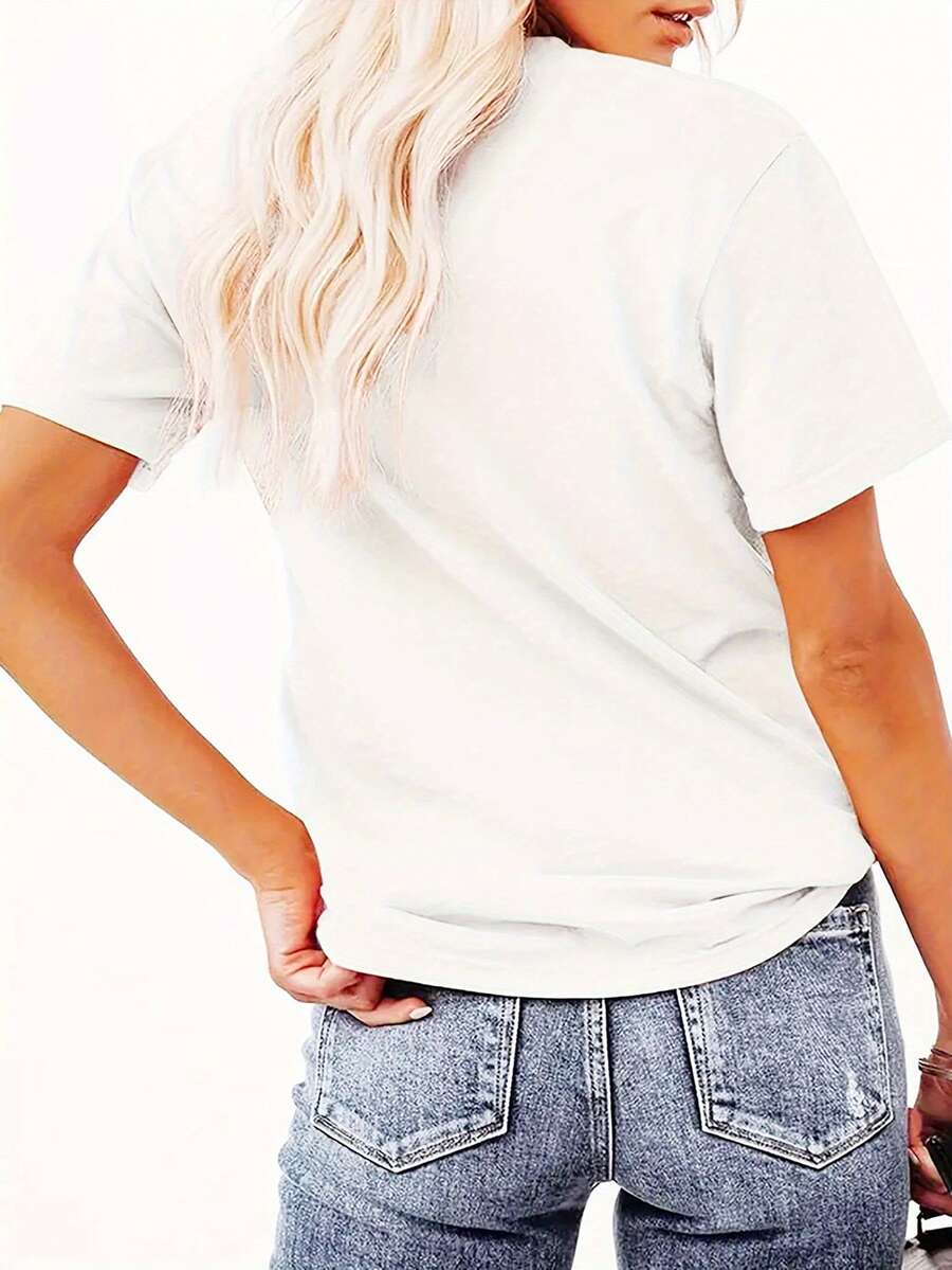 Creative Floral Smiling Pattern Printed Women'S Casual Sports T-Shirt, Round Neck, Short Sleeves, Comfortable Summer Top For Holidays