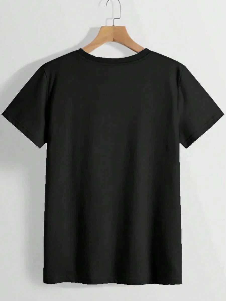 Fashionable Letter Cartoon Print Women'S Round Neck Pure T-Shirt, Simple Design, Comfortable And Breathable, Versatile Essential, Suitable For Daily Leisure