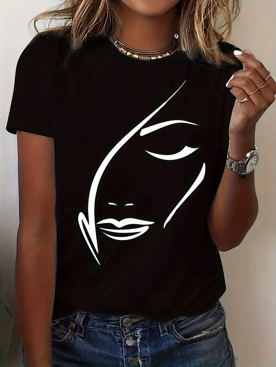 Women's Anime Face Graphic Cotton T-Shirt - Soft Breathable Round Neck Short Sleeve, Loose Fit Casual Top For Spring/Summer, Machine Washable Everyday & Party Wear