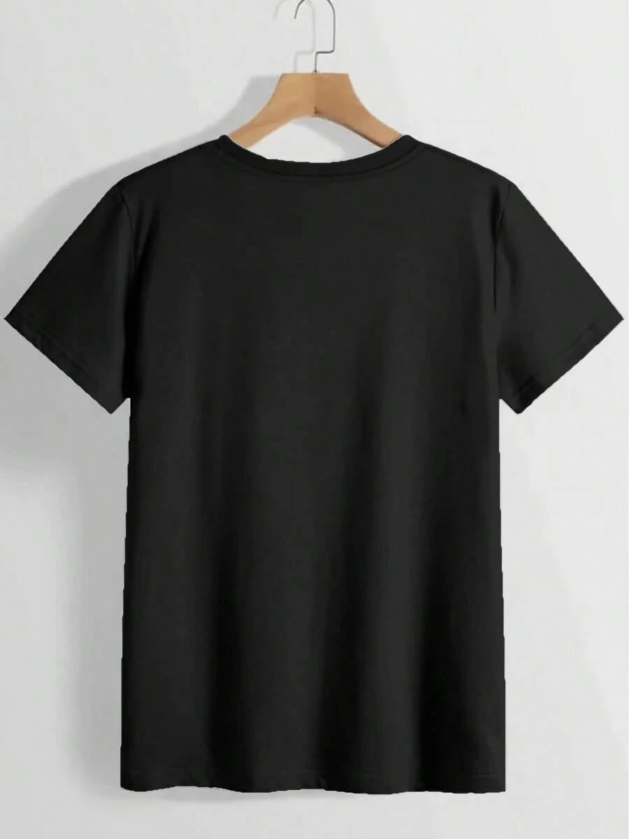 Fashionable Letter Cartoon Print Women'S Round Neck T-Shirt, Simple Design, Comfortable And Breathable, Suitable For Daily Leisure And Versatile, Showing A Natural And Elegant Style