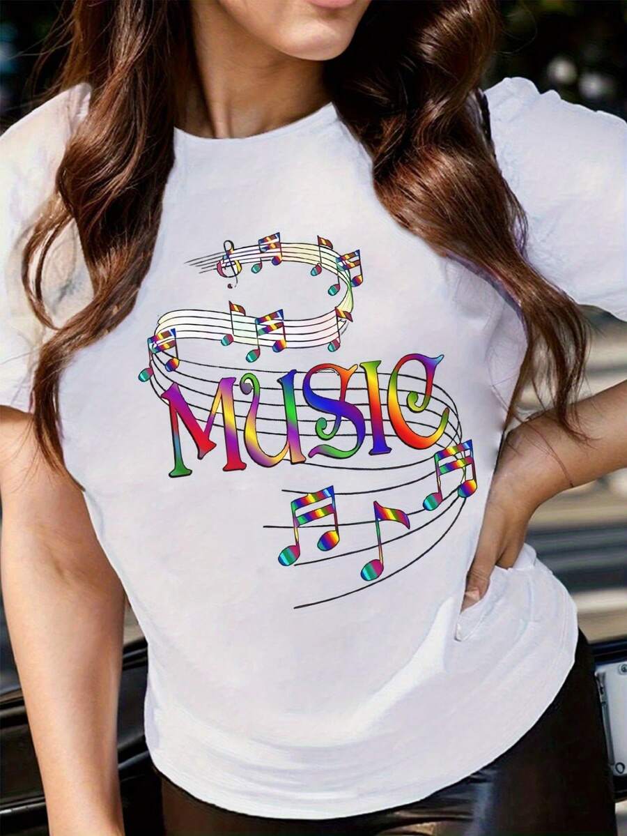 Women's Music Note Graphic Cotton T-Shirt - Breathable Loose Fit Short Sleeve Round Neck Tee With Vibrant Cartoon Print For Casual Summer Outfits & Parties