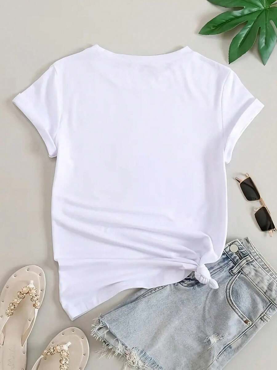 Women's Casual Sports T-Shirt, Round Neck, Short Sleeve, Fun Creative Letter Print, Comfortable Summer Top, Knitted Fabric, Polyester, All Seasons, Black/White