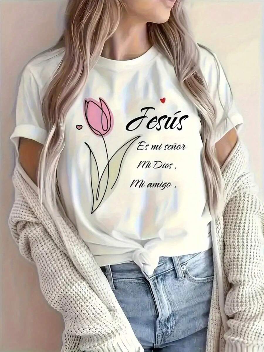 Women's Casual Crew Neck T-Shirt - Drawing Print, Smooth Cotton Fabric - Spring & Summer Essentials| Loose Fit & Breathable| Machine Washable