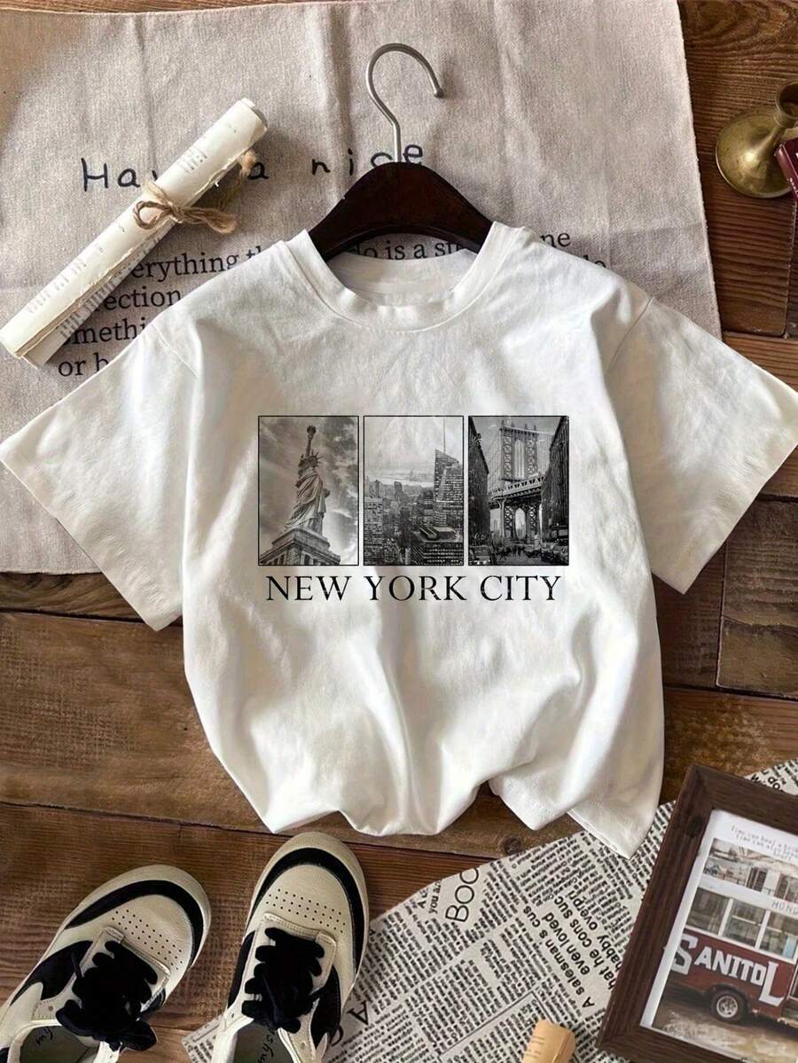 Women's Casual Short Sleeve Cotton T-Shirt - Loose Fit Round Neck NYC Skyline & Cat Graphic Print, Breathable Summer Tee For Daily Wear & Parties, Machine Washable