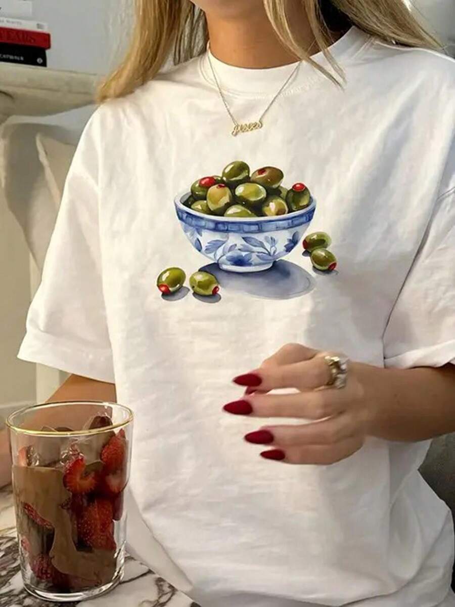 Women's Casual Crew Neck T-Shirt - Vintage Elegant Lightweight Breathable Top With Blue & White Porcelain Bowl Print, Glossy Texture