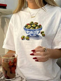 Women's Casual Crew Neck T-Shirt - Vintage Elegant Lightweight Breathable Top With Blue & White Porcelain Bowl Print, Glossy Texture