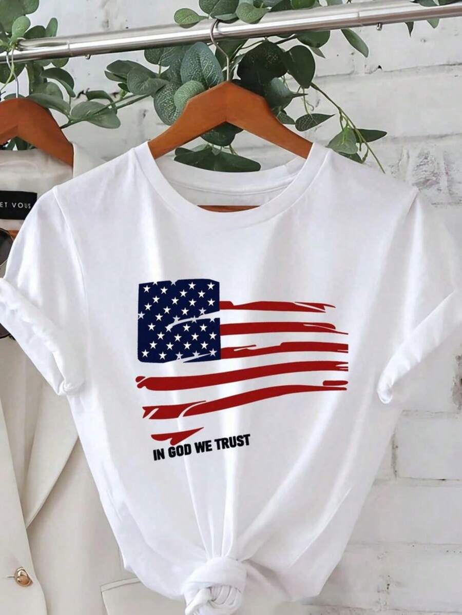 Women's Casual Crew Neck T-Shirt - Patriotic American Flag & "IN GOD WE TRUST" Graphic, Soft Cotton