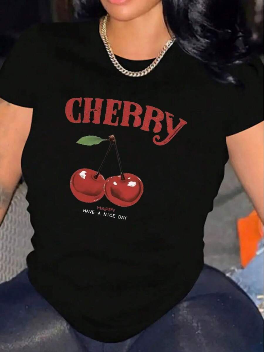 Cherry Womens TShirt Comfortable Crew Neck Casual Cotton Blend ShortSleeves Soft Breathable Top Womenswear Tshirt Summer Spring Streetwear Fabric