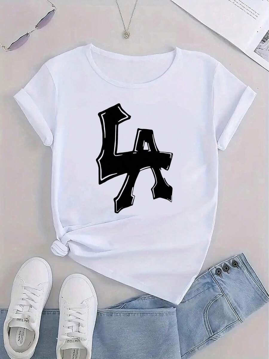 Women's Casual Sports T-Shirt, Round Neck, Short Sleeve, Fun Creative Letter Print, Comfortable Summer Top, Knitted Fabric, Polyester, All Seasons, Black/White
