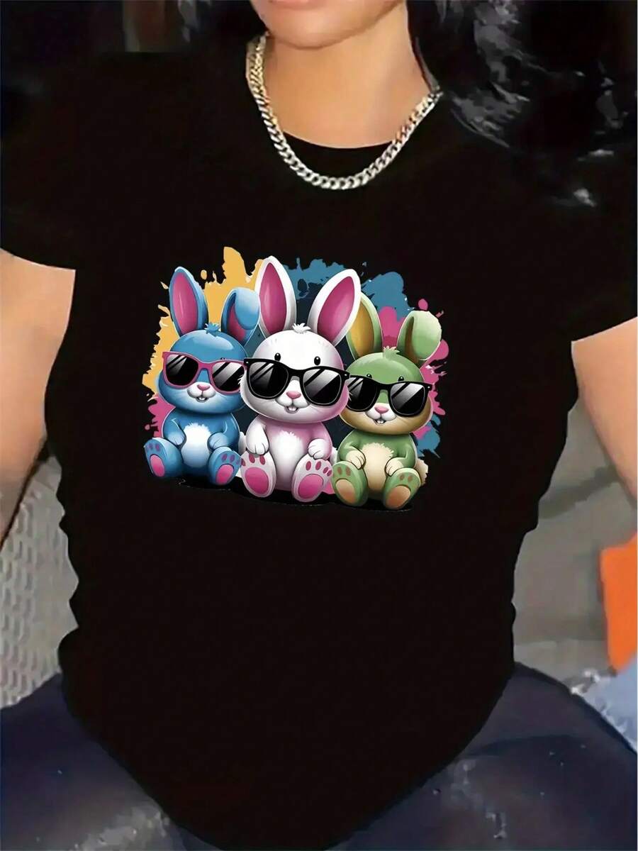 Black & White Cute Bunny Print Polyester T-Shirt - Soft Lightweight Short Sleeve Top With Fashion Glasses Design, Durable & Comfortable For Home