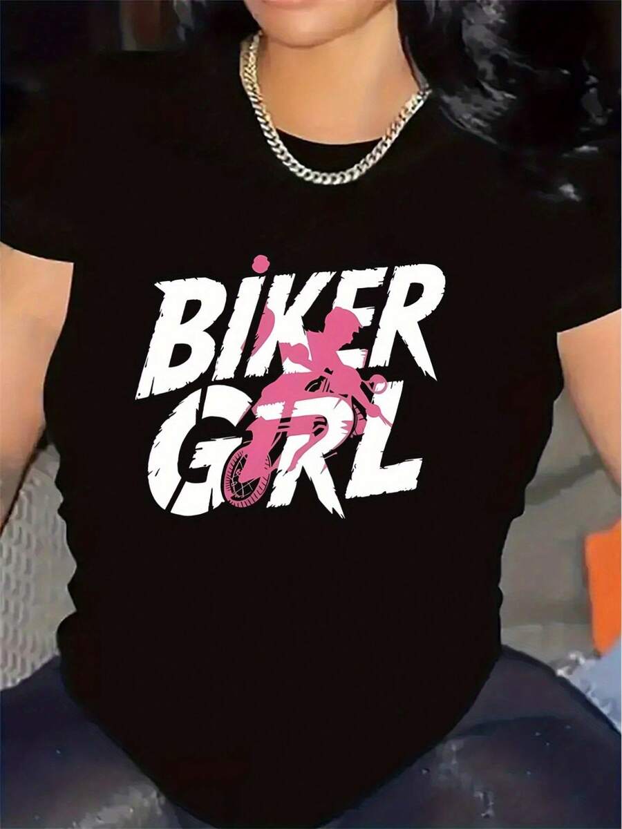 Polyester Short Sleeve T-Shirt For Biker Girl Design, Ideal For Outdoor Activities, Durable Comfortable, Color With Pink Graphic, Perfect For Casual Wear In Bars Or Clubs