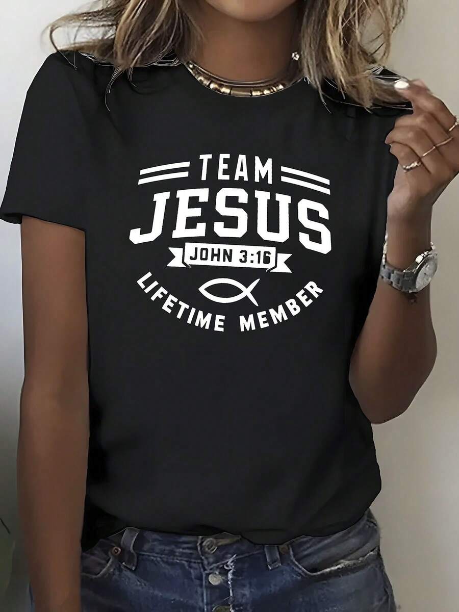 Women'S Casual Crew Neck T-Shirt With Inspirational "Team Jesus" Letter Print, Breathable & Comfortable, Loose Fit, Short Sleeve, Ideal For Daily Wear And Summer Parties