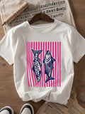 Fashionable Letter Cartoon Print Women'S Round Neck T-Shirt, Simple Design, Comfortable And Breathable, Suitable For Daily Leisure And Versatile