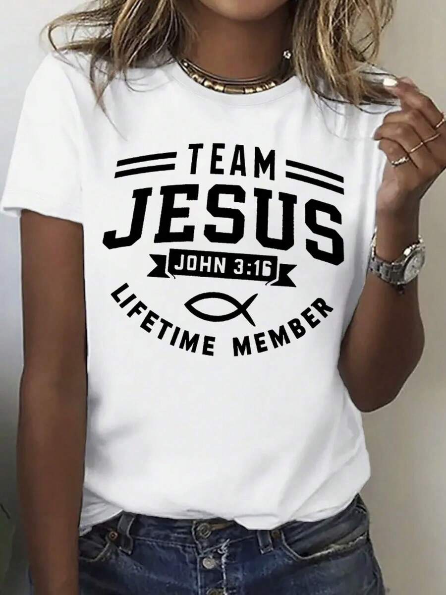 Women'S Casual Crew Neck T-Shirt With Inspirational "Team Jesus" Letter Print, Breathable & Comfortable, Loose Fit, Short Sleeve, Ideal For Daily Wear And Summer Parties