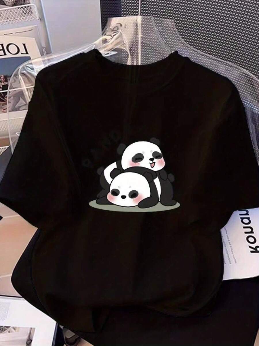 1pc, Cute PANDA Graphic Design Cotton T-Shirt- Casual, Loose Fit, Breathable, Machine Washable, Black With White Text, PLUS SIZE, Soft, Skin-Friendly, Comfortable, Unisex Clothing