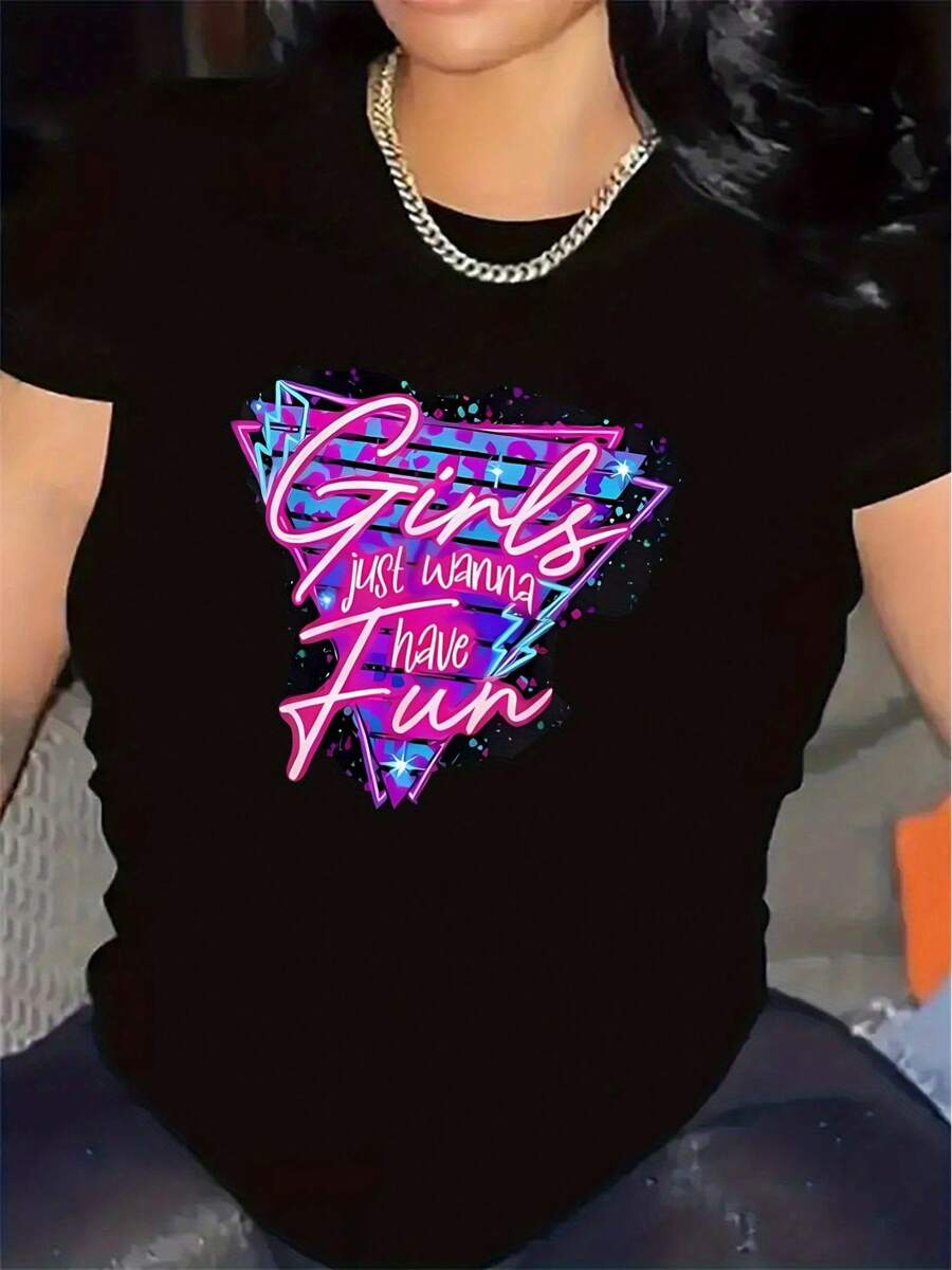 Women'S Graphic T-Shirt - " Just Wanna Have Fun" Retro 80s Party Tee - Soft Stretchy Polyester Top For Night Out