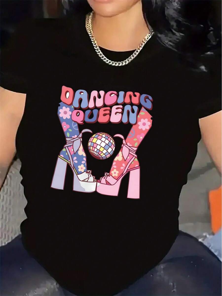 Short Sleeve T-Shirt For Women, Design With Colorful Heels Disco Ball, Made Of Polyester Fiber, Lightweight Durable, Perfect For Party, Nightclub, Or Casual Wear At Home Or Restaurant