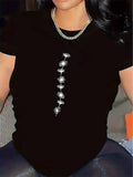 Women'S Black T-Shirt With Metallic Chain Necklace - Elegant Floral-Like Vertical Line Design, Lightweight Everyday & Formal Tops For Dining