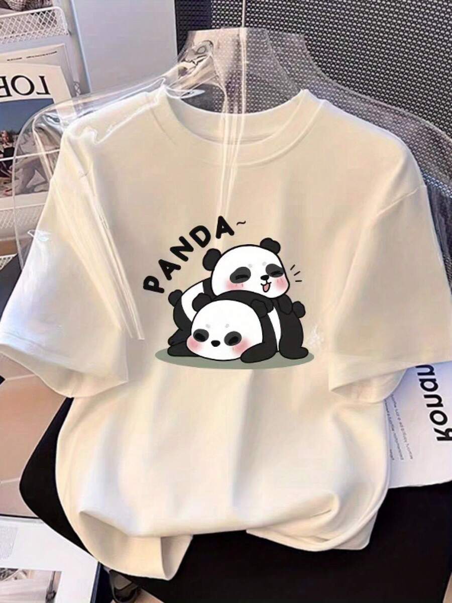1pc, Cute PANDA Graphic Design Cotton T-Shirt- Casual, Loose Fit, Breathable, Machine Washable, Black With White Text, PLUS SIZE, Soft, Skin-Friendly, Comfortable, Unisex Clothing