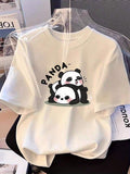 1pc, Cute PANDA Graphic Design Cotton T-Shirt- Casual, Loose Fit, Breathable, Machine Washable, Black With White Text, PLUS SIZE, Soft, Skin-Friendly, Comfortable, Unisex Clothing
