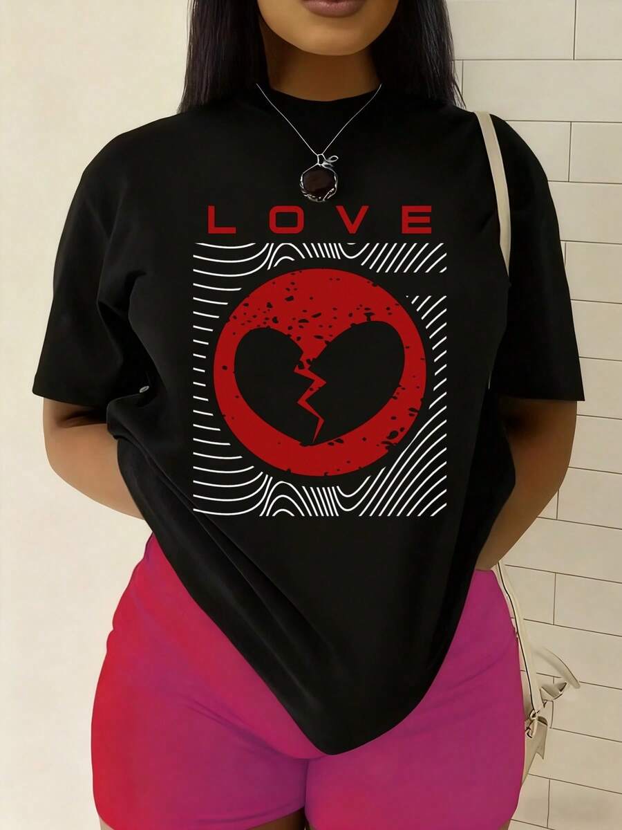 Women's Broken Heart Love Tee - 100% 180GSM Black T-Shirt With Broken Heart & Lovers Graphic