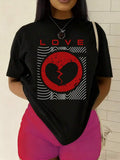 Women's Broken Heart Love Tee - 100% 180GSM Black T-Shirt With Broken Heart & Lovers Graphic