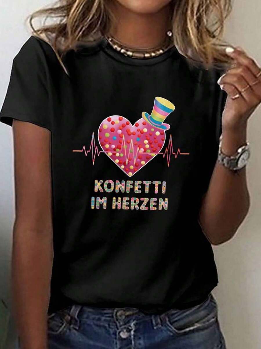 Summer And Spring, Women'S Clothing, Short-Sleeved Round Neck Casual Top, T-Shirt With Fireworks Print In The Heart