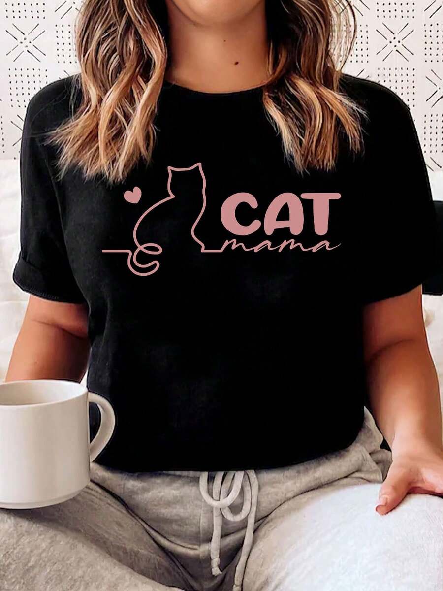 Women'S Cat Print T-Shirt, Summer Women'S Fashion, Casual, Comfortable, Soft, Sports Fitness, Daily Outdoor Breathable Round Neck Short Sleeve T-Shirt