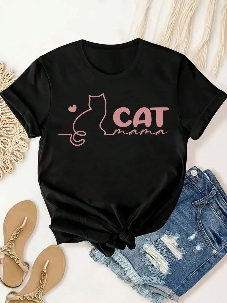 Women'S Cat Print T-Shirt, Summer Women'S Fashion, Casual, Comfortable, Soft, Sports Fitness, Daily Outdoor Breathable Round Neck Short Sleeve T-Shirt