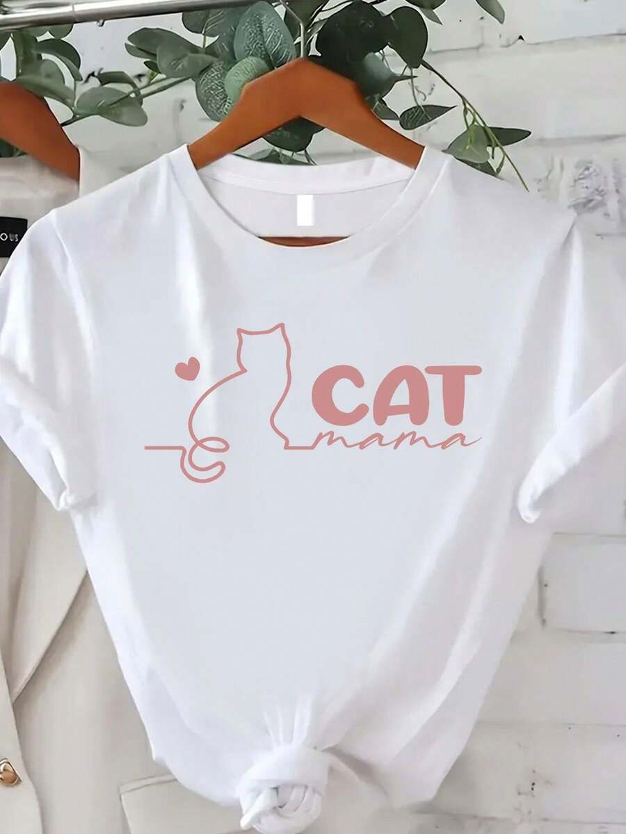Women'S Cat Print T-Shirt, Summer Women'S Fashion, Casual, Comfortable, Soft, Sports Fitness, Daily Outdoor Breathable Round Neck Short Sleeve T-Shirt