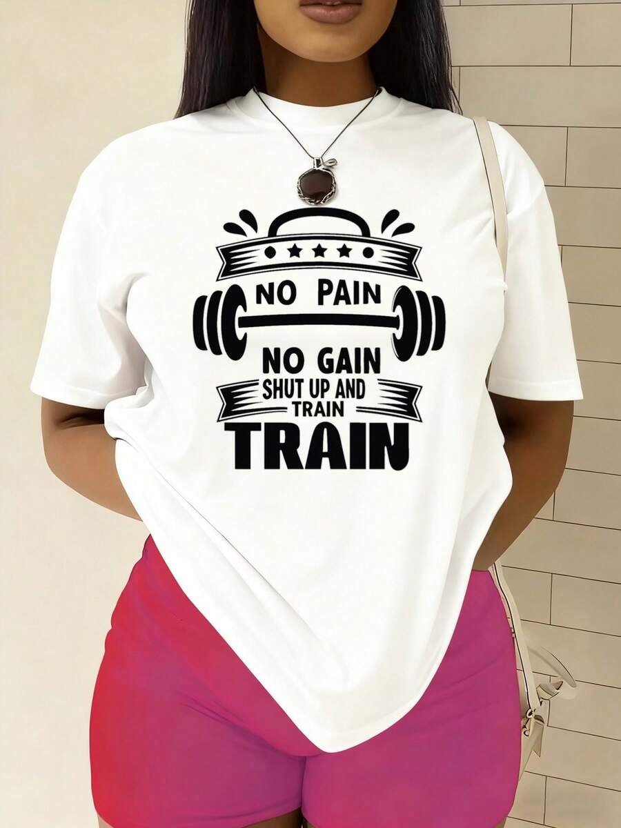 Women'S Funny Motivational "No No Gain" Weightlifting Graphic T-Shirt - 100% 180gsm Heavyweight Casual Round Neck Short Sleeve, White With Black Print, & Casual Attire, Apparel