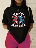 Women'S Let'S Play Ball Graphic T-Shirt - 180GSM Heavyweight 100% Casual Y Tee With Jungle Shark & Alligator Print, Short Sleeve Round Neck Top For, Beach & Casual Attire