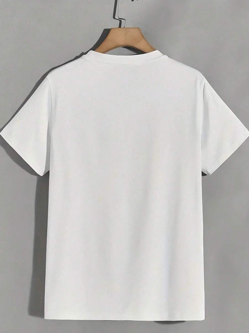 1pc White Flamingo Print T-Shirt| Pink Flamingo And Black Spots, Short Sleeve, Round Neck, Relaxed Fit, Breathable Soft Fabric, Casual Beach Party Outfit