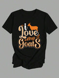 1pc Women's Funny Goat Lovers T-Shirt - 100% 180gsm Black Short Sleeve Round Neck Casual Top With "I Love My Goats" Print & Goat Silhouettes - Goat-Themed Outfits For