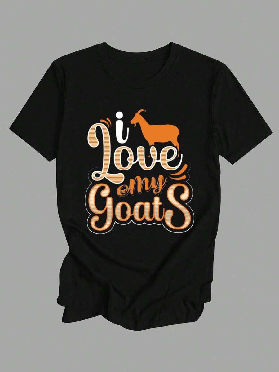 1pc Women's Funny Goat Lovers T-Shirt - 100% 180gsm Black Short Sleeve Round Neck Casual Top With "I Love My Goats" Print & Goat Silhouettes - Goat-Themed Outfits For