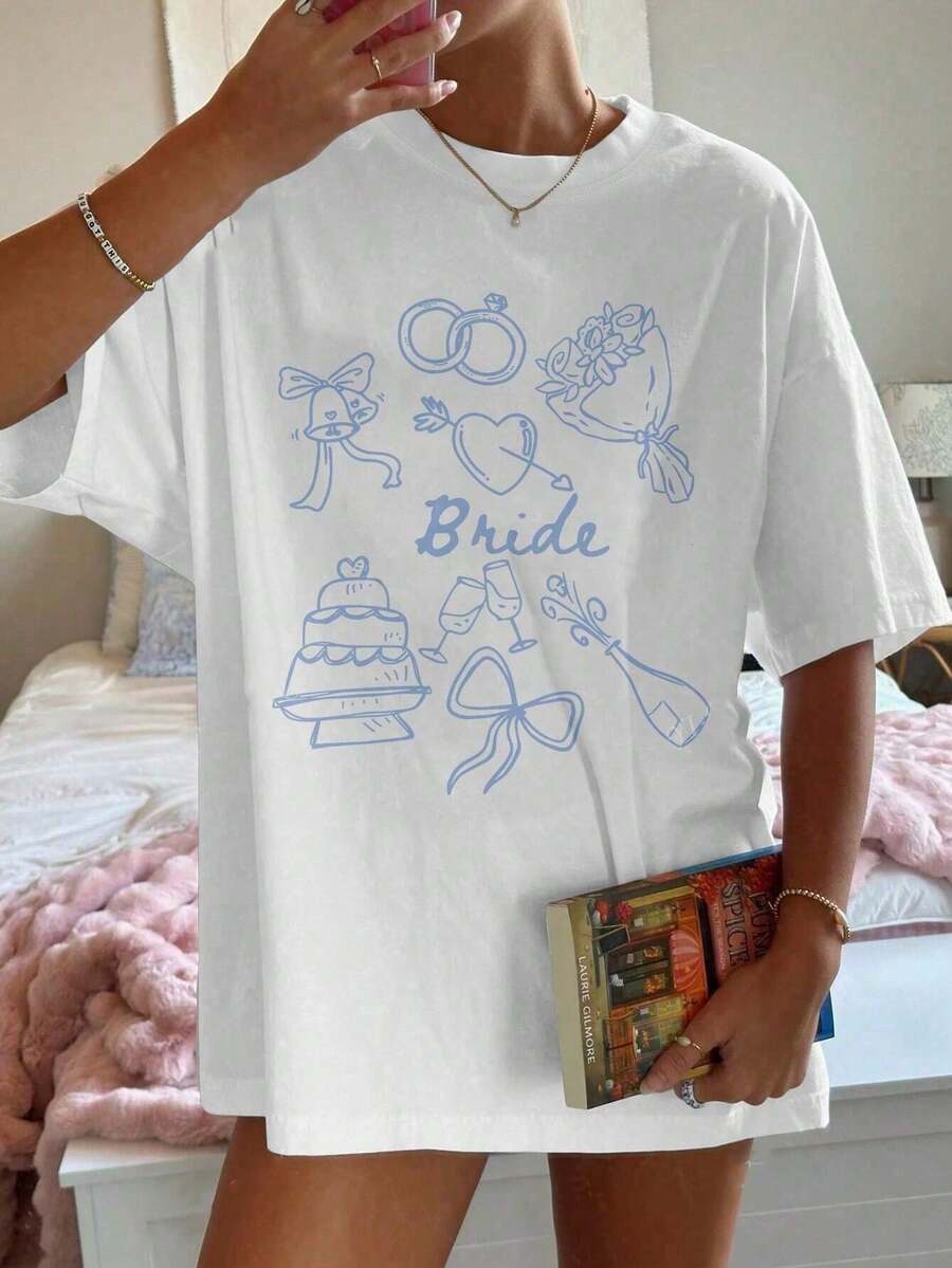 A Stylish Lettered Anime Print Women'S Round-Neck Pure White T-Shirt, Featuring A Minimalist Design That Is Comfortable And Breathable, Perfect For Everyday Casual Wear