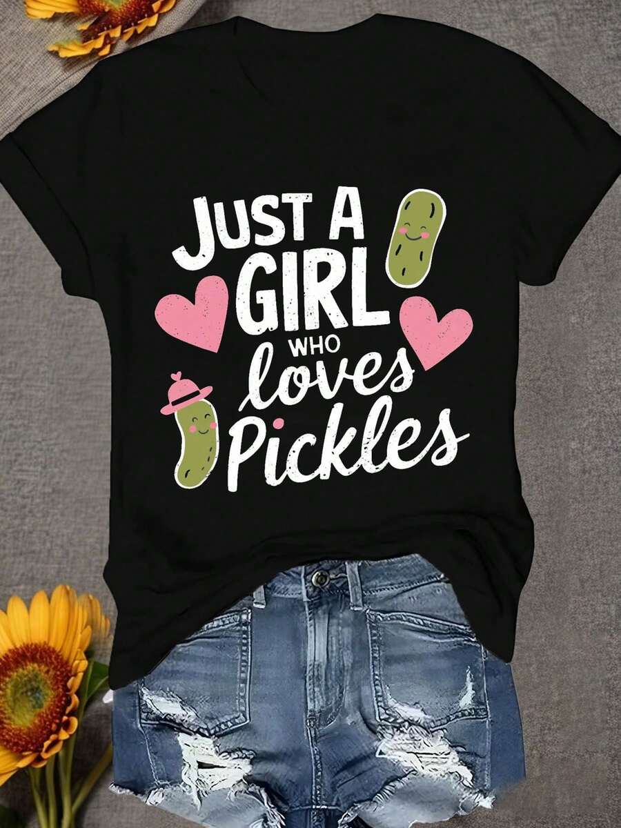Just A Who Loves Pickles T-Shirt - Pickle Lover' Tee With Heart & Pickle Print, Relaxed Fit Short Sleeve Crew Neck Top, Casual Spring Summer Shirt