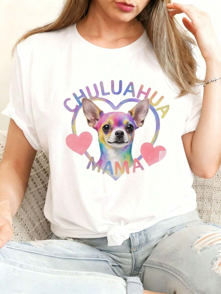 Chihuahua Mom T-Shirt - Black Graphic Tee With Colorful Gradient 'CHIHUAHUA' And 'MAMA' Text | Heart And Chihuahua Illustration, Perfect Mother's Day