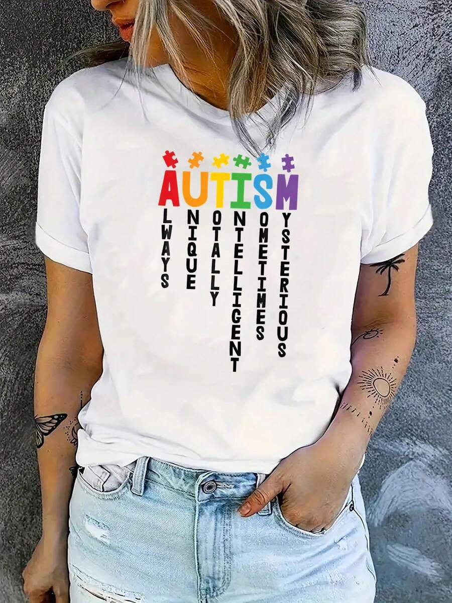 Autism Awareness Puzzle Piece Alphabet Print T-Shirt - Wo Casual Crew Neck Short Sleeve Tee, Comfortable -Spandex Blend, Fashionable For All Seasons
