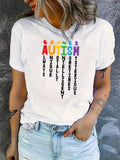Autism Awareness Puzzle Piece Alphabet Print T-Shirt - Wo Casual Crew Neck Short Sleeve Tee, Comfortable -Spandex Blend, Fashionable For All Seasons