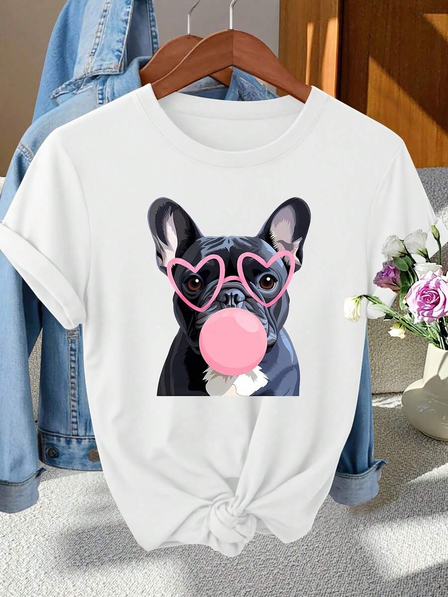 Wo Vintage Cute Puppy & Bubble Gum Print T-Shirt - Pink Dog Pattern Short Sleeve Round Neck Blouse