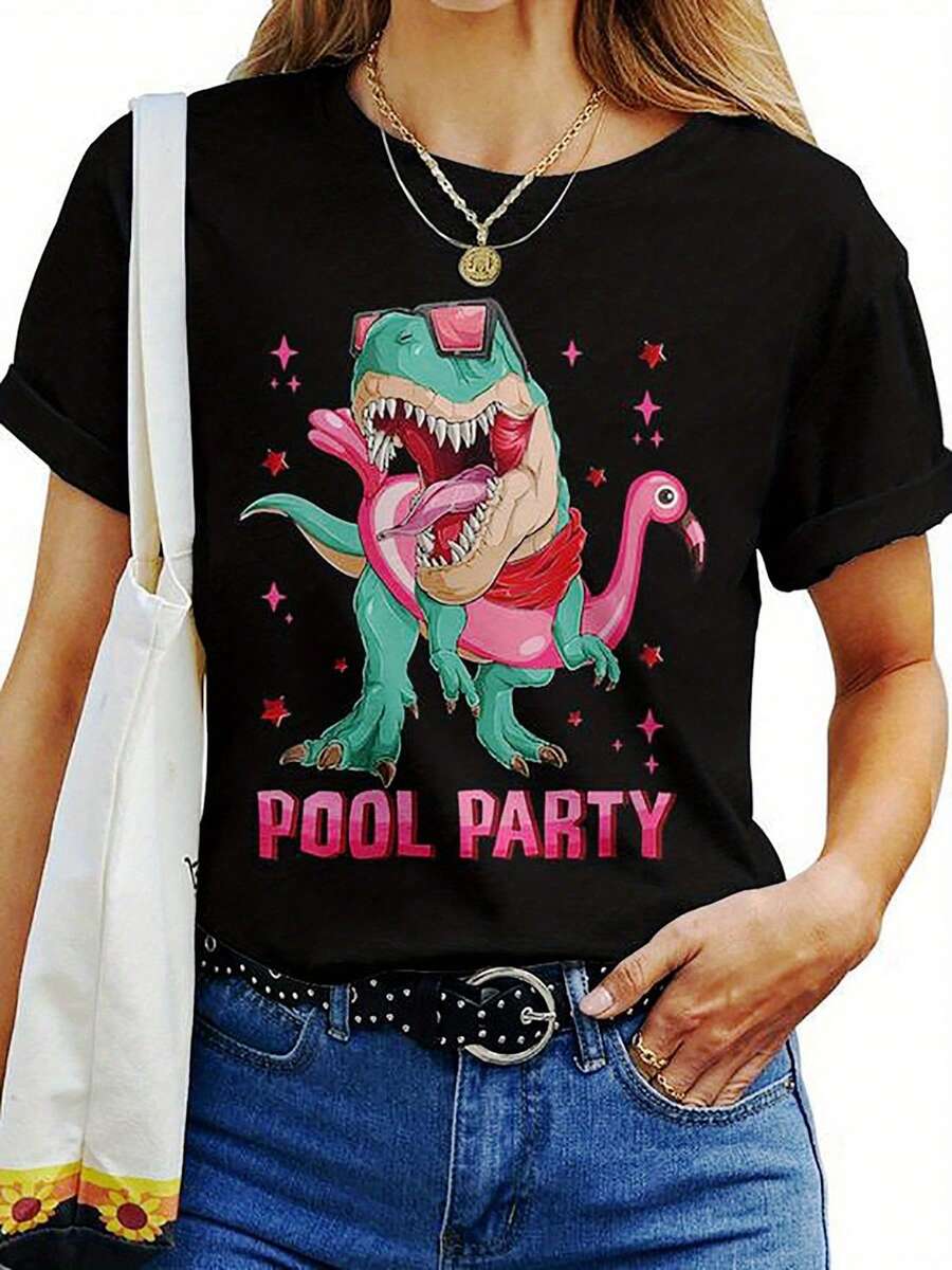 Wo Funny Pool Party T Rex Pink Flamingo Float Graphic T-Shirt| Black With Pink Lettering, Loose Fit Round Neck, Short Sleeve