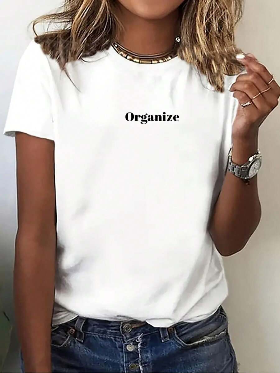 Wo Y2K Cartoon Art Letter Graphic T-Shirt - Casual Short Sleeve Round Neck Top With Bold "Organize" Print