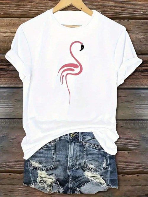 1pc White Flamingo Print T-Shirt| Pink Flamingo And Black Spots, Short Sleeve, Round Neck, Relaxed Fit, Breathable Soft Fabric, Casual Beach Party Outfit