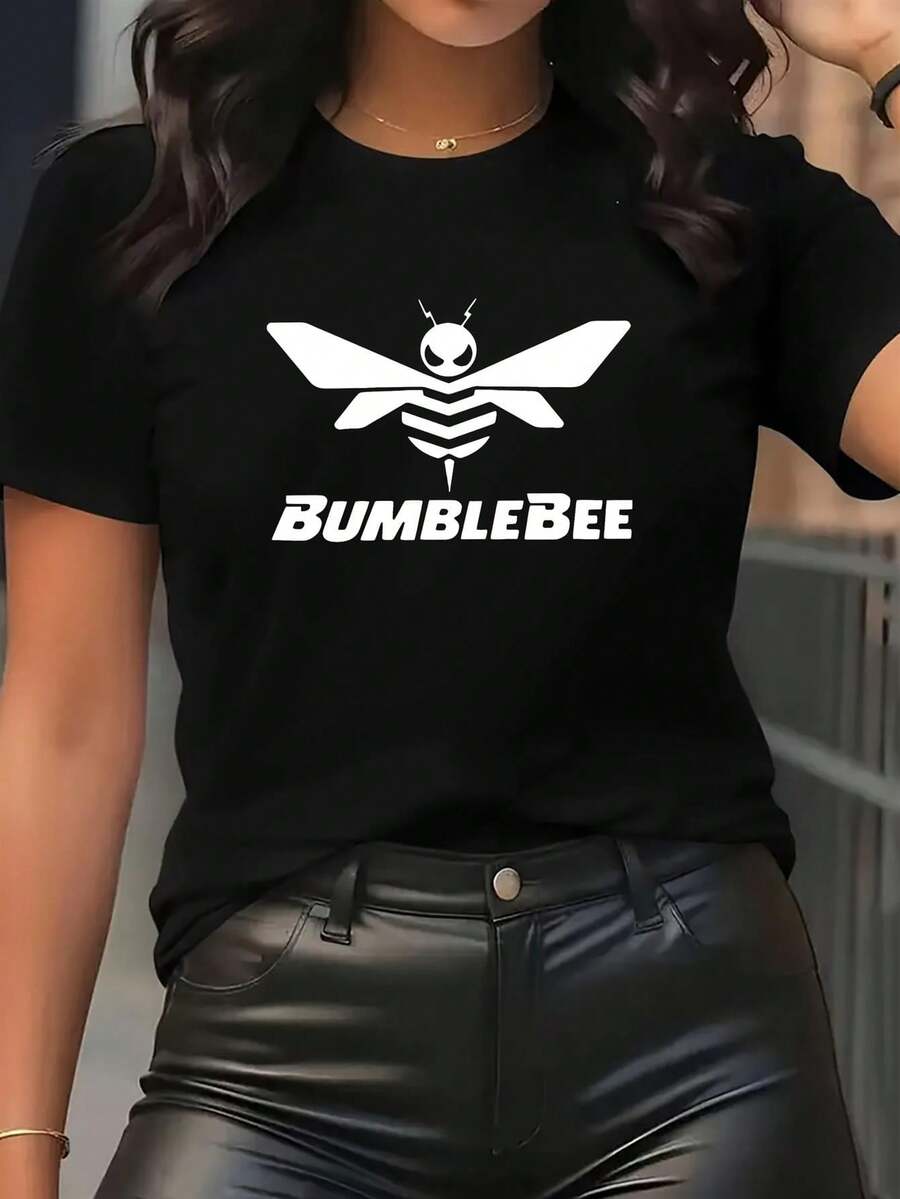 Women's Y2K Graphic T-Shirt - White With Black Bee Print Short Sleeve Round Neck Casual Top, All-Season Comfort Fit Tee For Birthday Party Outfits