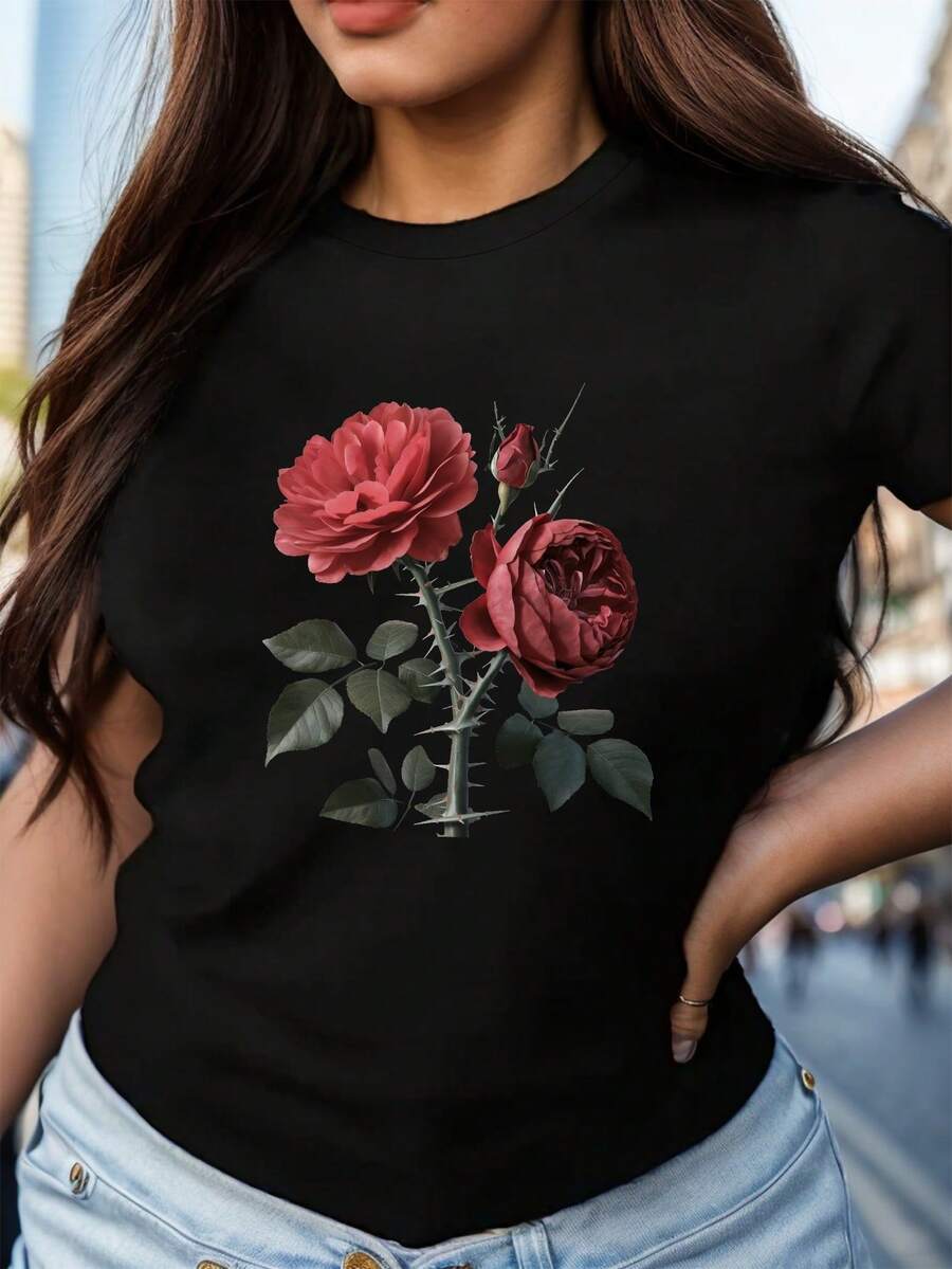 Soft & Comfortable Unisex Cotton T-Shirt With Red Roses Graphic - Bohemian Style, Machine Washable, All-Season Wear For Women And Men