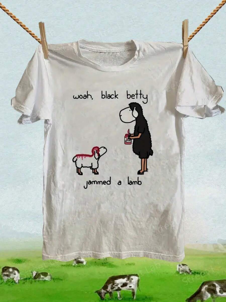 Funny "Woah Black Betty Jammed A Lamb" Lamb Graphic T-Shirt - Soft Breathable Relaxed Fit Short Sleeve Round Neck Casual Summer Top With Humorous Meme Tee - Machine Washable White Blouse