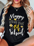 Happy First Day Of Bee Teacher T-Shirt| Cute Bee & Honeycomb Print With Design, Short Sleeve Round Neck Casual Top For Educators, Machine Washable